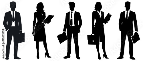 Standing businessman and woman with file silhouette black filled vector Illustration icon