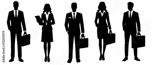 Standing businessman and woman with file silhouette black filled vector Illustration icon