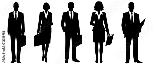 Standing businessman and woman with file silhouette black filled vector Illustration icon