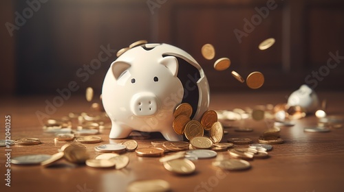 A ceramic piggy bank that's neatly cracked open, two separate piles of coins on either side, photo, realistic.