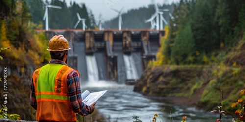 An engineer in a reflective vest looking over a hydroelectric dam with wind turbines in the background. photo