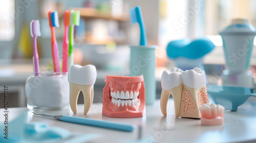 Dental Hygiene Tools and Models Displayed in a Bright Dentist's Office