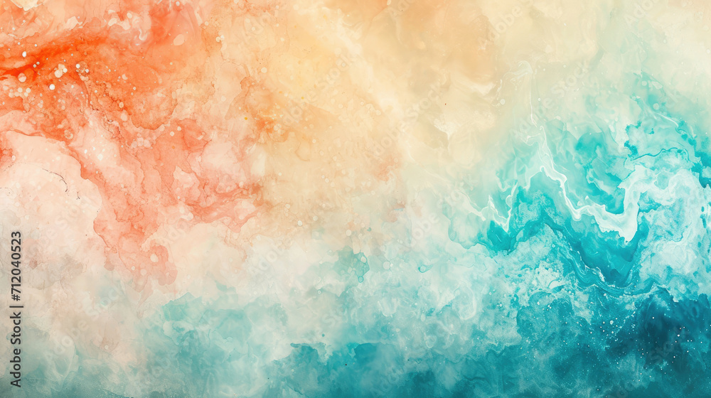Abstract watercolor background on canvas with a dynamic mix of turquoise, peach and sand colors