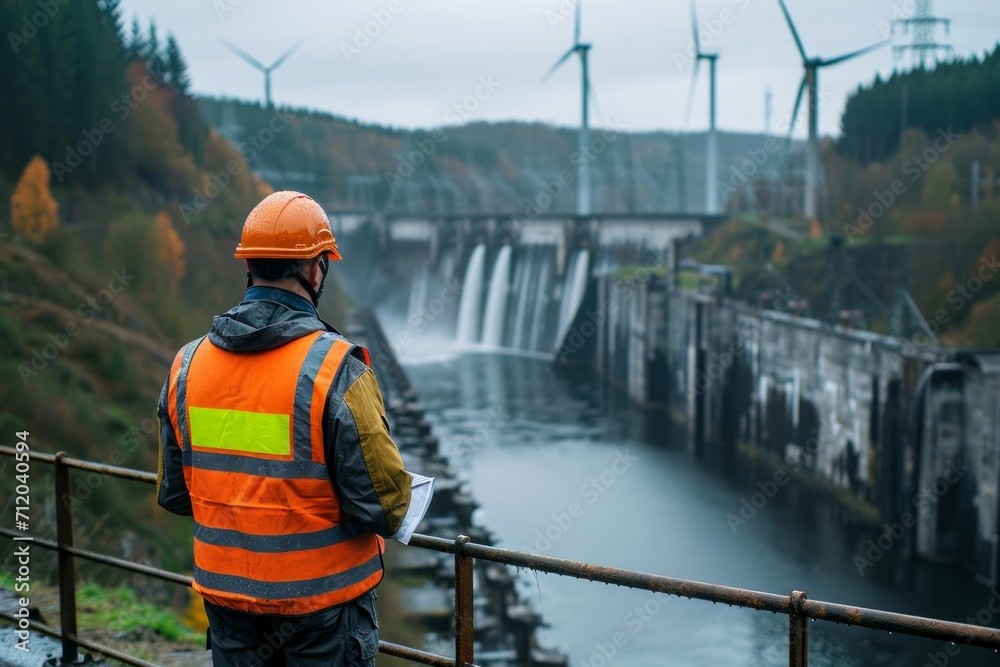 An engineer in a reflective vest looking over a hydroelectric dam with wind turbines in the background.