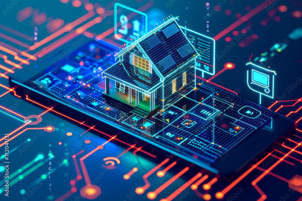A conceptual smart home automation interface with a 3D house model emerging from a smartphone. A conceptual smart home automation interface with a 3D house model emerging from a smartphone.
