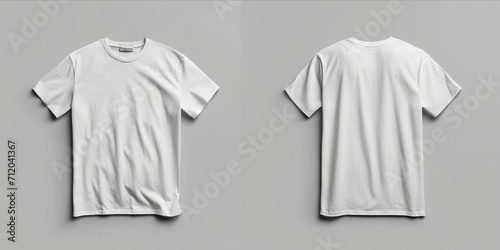 Front and back view of a plain white t shirt on a grey background.