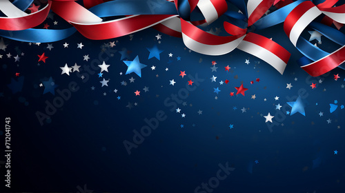 Happy Presidents Day Banner with American Flags, Grosgrain Ribbon, and Confetti Stars on Blue Background. USA Independence Day, Labor Day, Memorial Day, and US Election Concept. Isolated Background photo