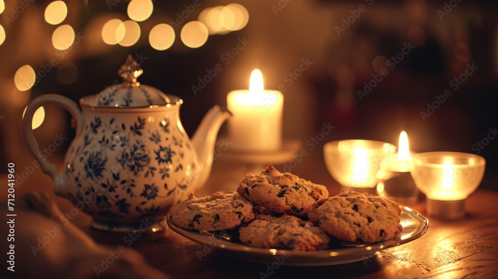 Warm and Cozy Evening Teatime with Homemade Cookies and Tea, Illuminated by Candlelight, Creating a Festive Atmosphere Warm and Cozy Evening Teatime with Homemade Cookies and Tea, Illuminated by Candlelight, Creating a Festive Atmosphere