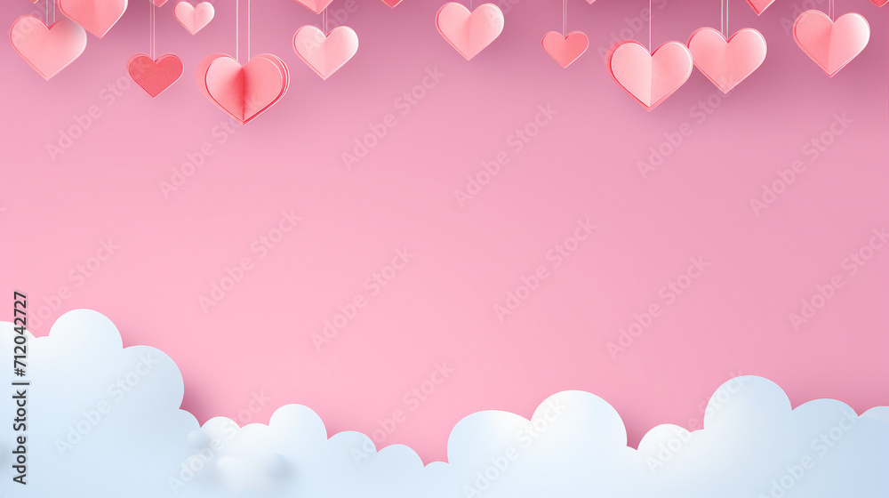 Romantic Valentines Day Greeting in Papercut Style with Realistic Flying Heart and Pink Banner - Party Invitation Template with Calligraphy Words on Isolated Background, Copy-Space Available