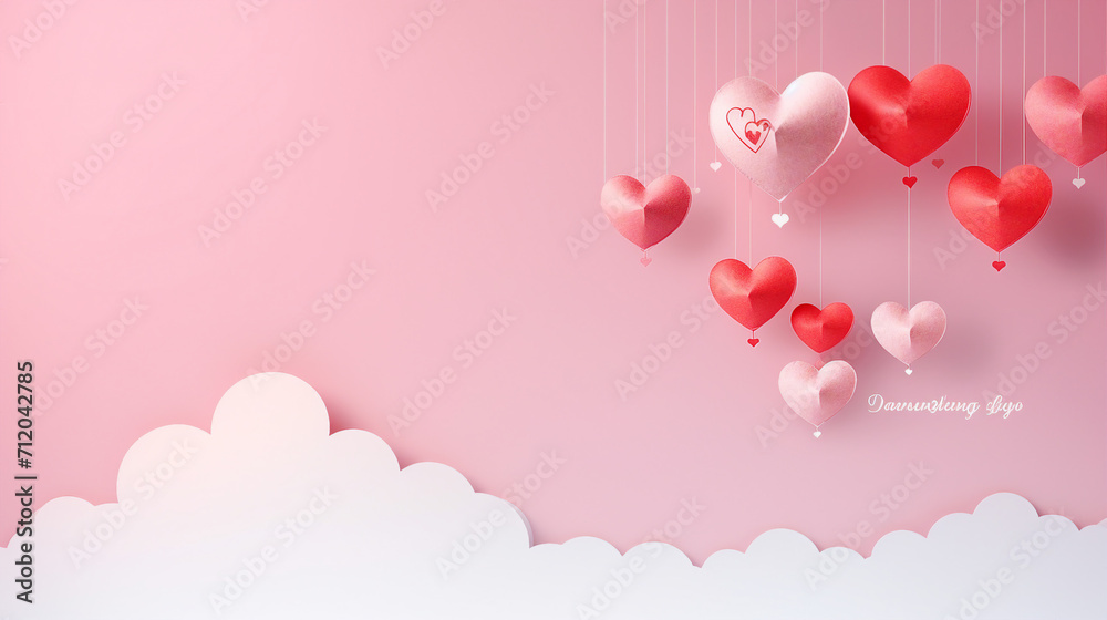 Romantic Valentines Day Greeting in Papercut Style with Realistic Flying Heart and Pink Banner - Party Invitation Template with Calligraphy Words on Isolated Background, Copy-Space Available