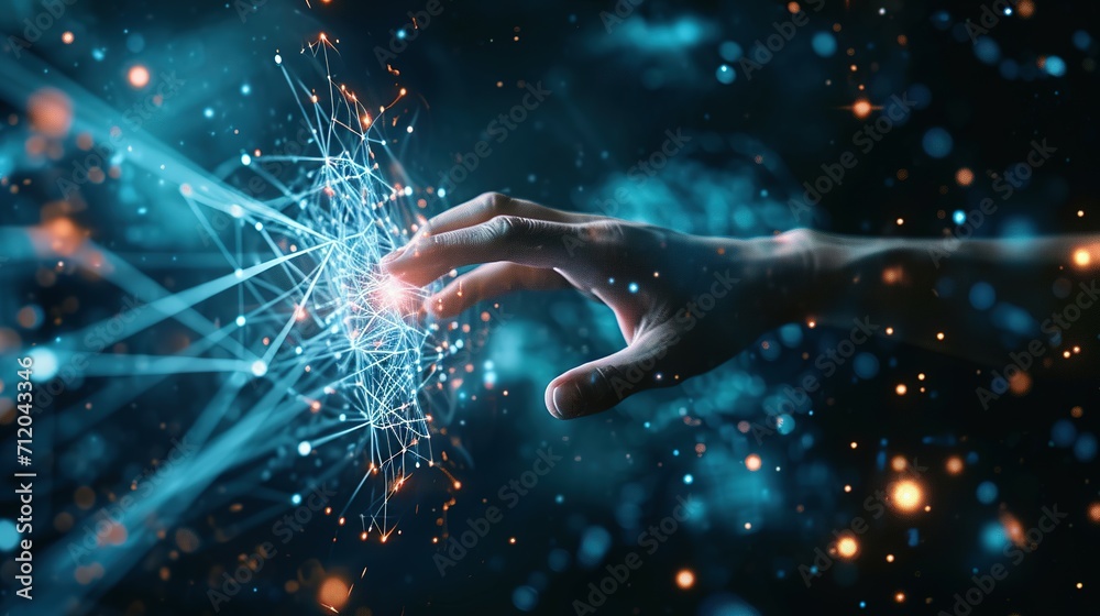 Man hand touching virtual screen to demonstrate network connectivity ...