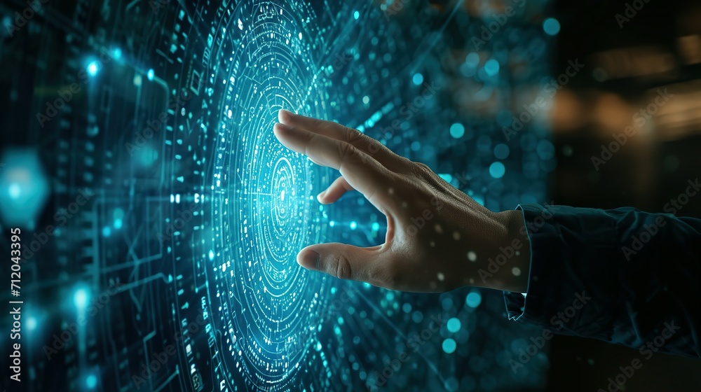Man hand touching virtual screen to demonstrate network connectivity, innovation, online communication, metaverse world, concept of futuristic meta technology Man hand touching virtual screen to demonstrate network connectivity, innovation, online communication, metaverse world, concept of futuristic meta technology