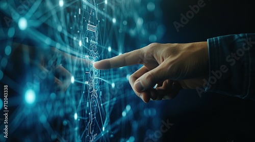 Man hand touching virtual screen to demonstrate network connectivity, innovation, online communication, metaverse world, concept of futuristic meta technology photo