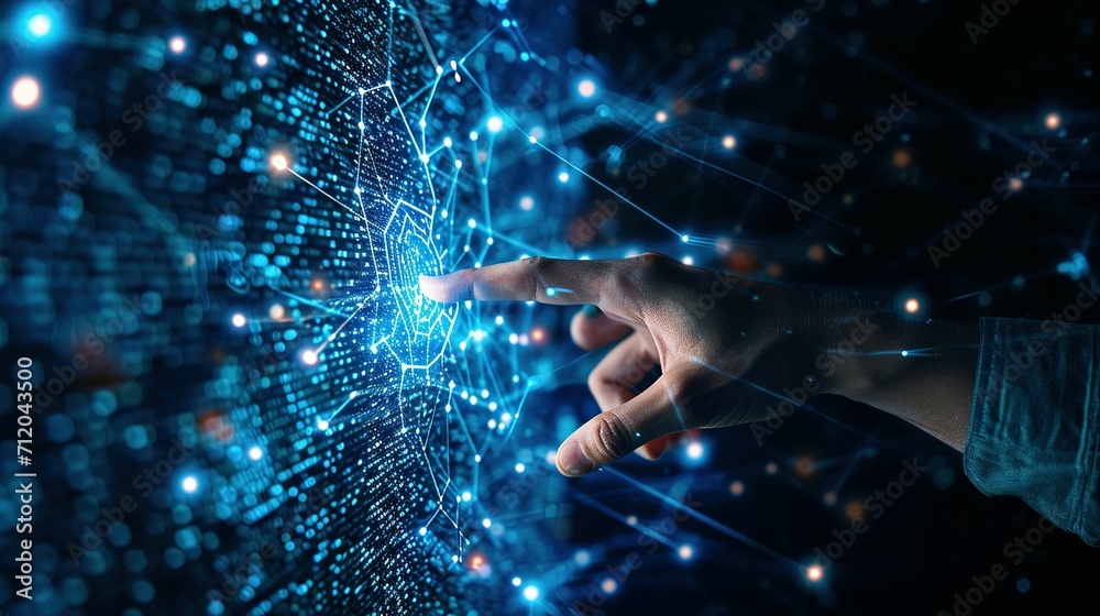 Man hand touching virtual screen to demonstrate network connectivity ...