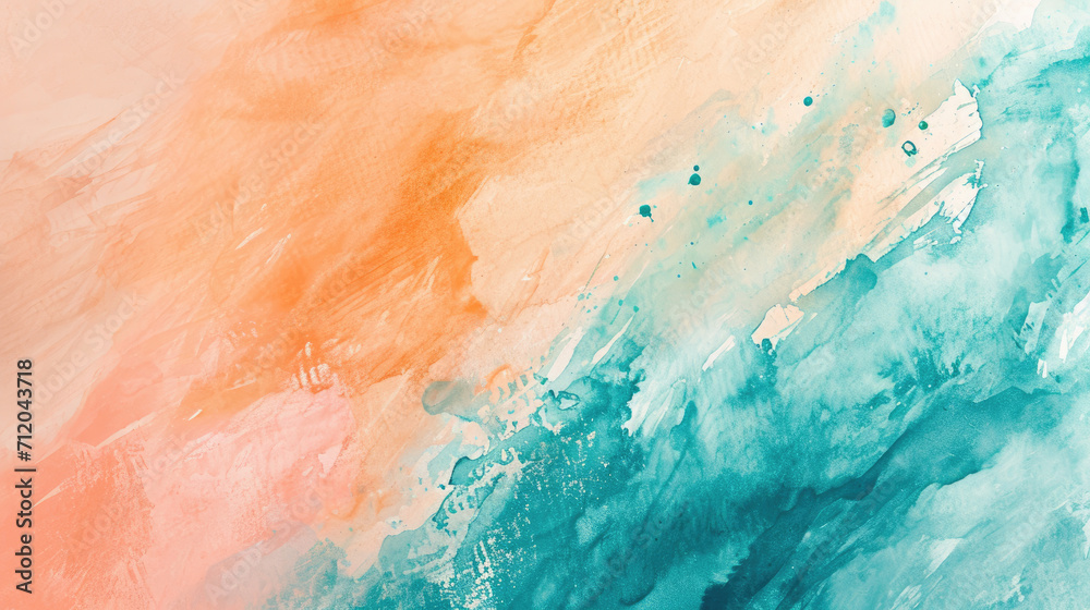 Fototapeta premium Abstract watercolor background on canvas with a dynamic mix of turquoise, peach and sand colors