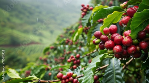 Ripe Coffee Berries on Lush Green Plantation, Freshness and Agriculture Concept