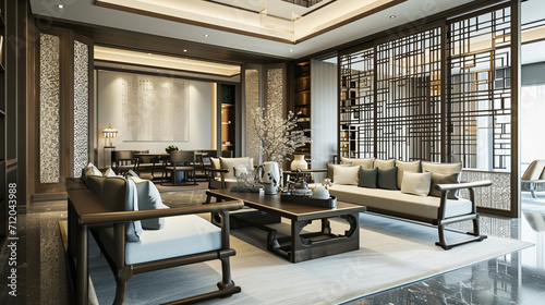 interior design ,chinese style for living area in luxury house or hotel. Ai Generative