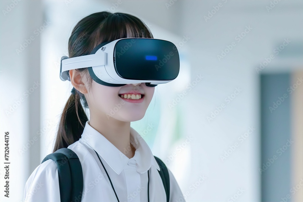 VRゴーグルをつけた日本人の中学生・高校生のメタバースイメージ（メタバース・VR・バーチャルリアリティ・教育）