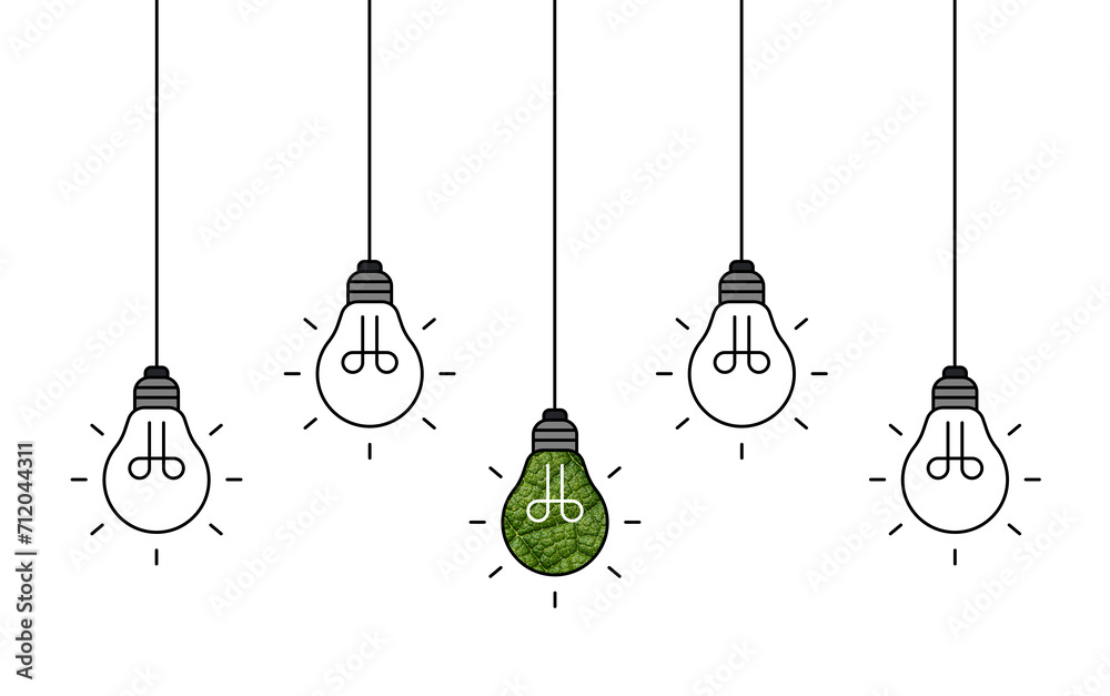 Hanging light bulbs with one glowing on white background. Concept of idea Hanging light bulbs with one glowing on white background. Concept of idea