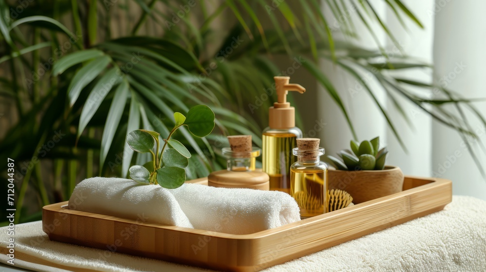 Tranquil Spa Wellness Set with Natural Products and Green Plants, Relaxation and Health Concept