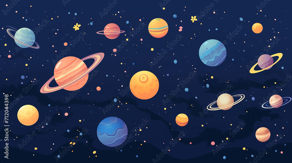 space background with cute flat lay style template with planets