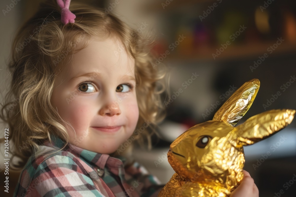 Toddler with Golden Chocolate Bunny.
Smiling young child with a golden-wrapped chocolate Easter bunny.