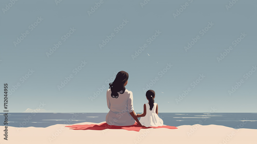 Illustrate a minimal scene of a mother and child enjoying an outdoor adventure Illustrate a minimal scene of a mother and child enjoying an outdoor adventure