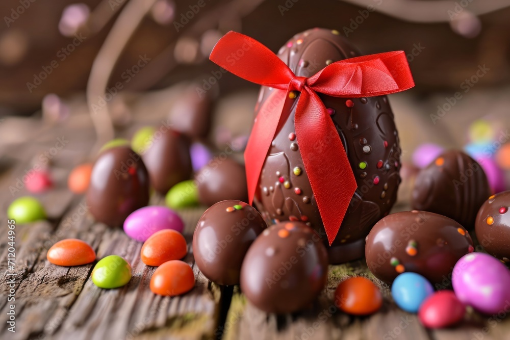 Chocolate Easter Egg with Festive Bow.
Easter chocolate egg with a bow surrounded by small candies.