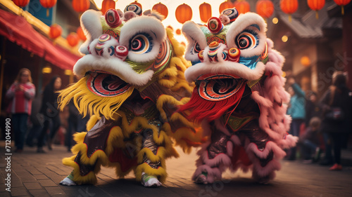 two performers dressed in colorful lion costumes performing the traditional Lion Dance during Chinese New Year.