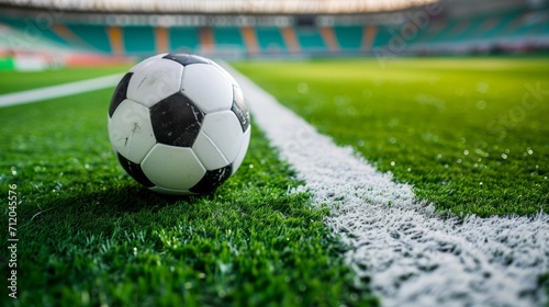 Close-Up of Soccer Ball on Fresh Green Pitch, Football Match Day, Grass Texture Details in Stadium, Sport Passion and Play