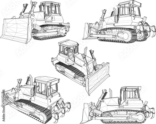 Vector sketch illustration of heavy bulldozer machine design for construction projects