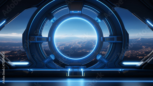 Fototapeta Naklejka Na Ścianę i Meble -  dark blue spaceship futuristic interior with window