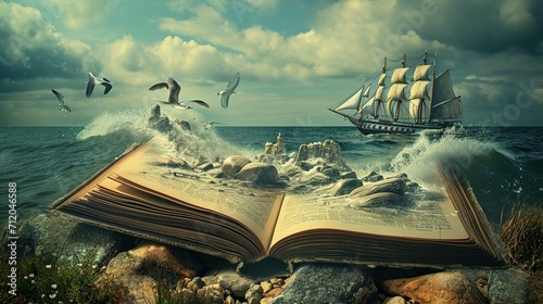 a book has a bird, a ship and ocean near it photo