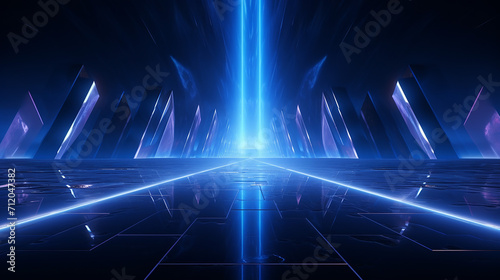 abstract dark futuristic blue night background rays and lines futuristic light tunnel . © Aura
