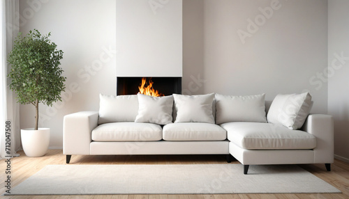 White corner sofa near fireplace Scandinavian home interior design of modern living room style