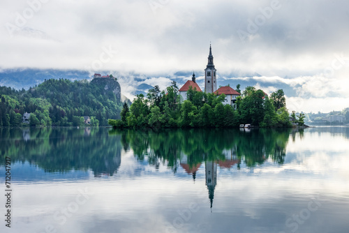 Lake Bled Slovenia with the small island in the middle of the lake and the old church. 