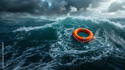 Sole lifebuoy adrift in the tempestuous ocean waves, symbolizing hope and survival amidst nature's fury