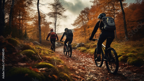 cycling mountain biker couple on cycle trail in autumn © Aura