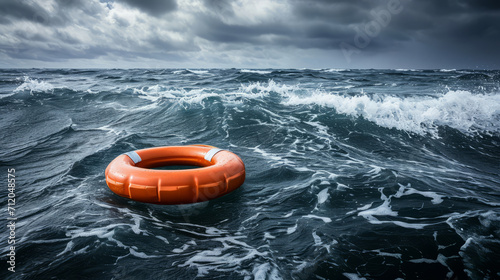Lifebuoy floating on the tranquil sea surface, representing safety and precaution in the vast blue waters