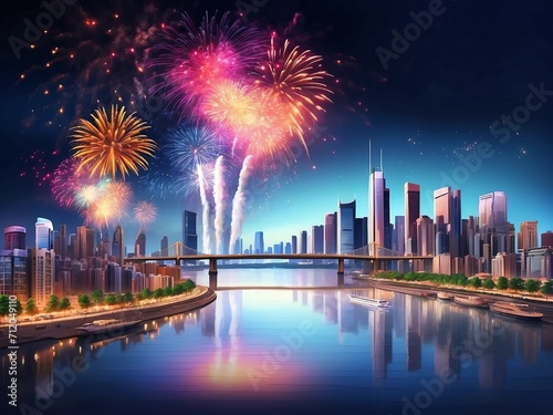 background of fireworks in the city. design for poster, banner, flyer, social media. ai generative design