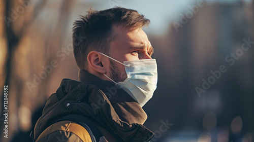 屋外でマスクをして遠くを見ている花粉症の男性、背景春秋冬の森のボケ photo