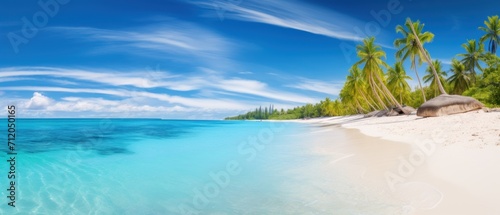 Beautiful sand and coco palms tropical beach wide panorama background photo