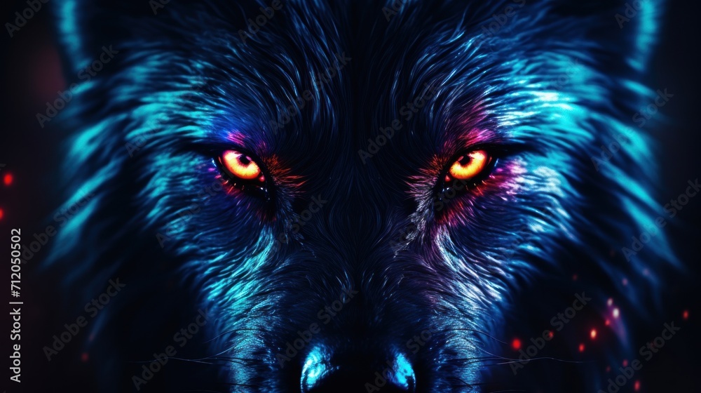 Closeup wolf head in colorful neon light - obrazy, fototapety, plakaty 