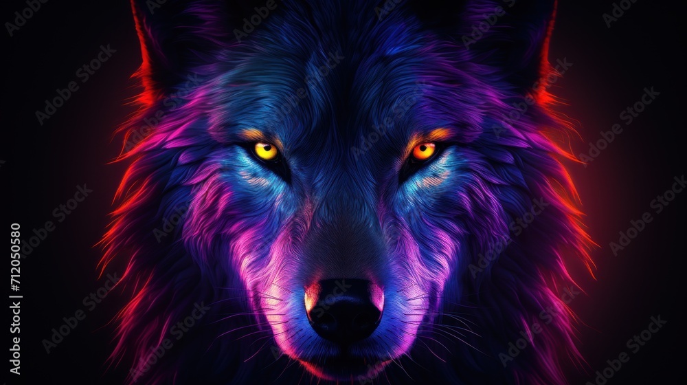 Closeup wolf head in colorful neon light Closeup wolf head in colorful neon light