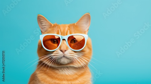 Closeup funny ginger cat wearing sunglasses isolated on light blue background