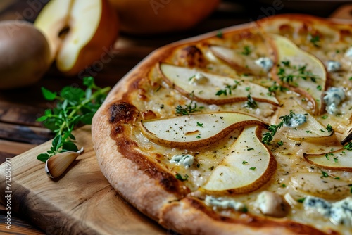 A Freshly Baked Pear And Gorgonzola Pizza Ready To Be Served