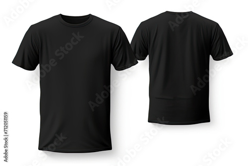 Black t-shirt mockup, front and back view, isolated on white background.