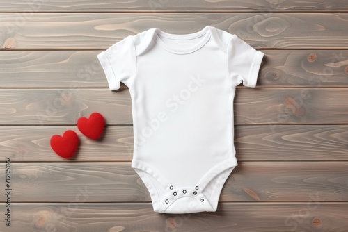 White baby bodysuit with red hearts on a wooden background. photo