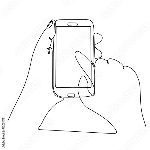 Continuous line drawing of hand typing on mobile isolated on white background. hand holding modern smartphone and pointing with finger