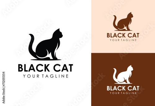 sitting black cat silhouette logo design vector illustration
